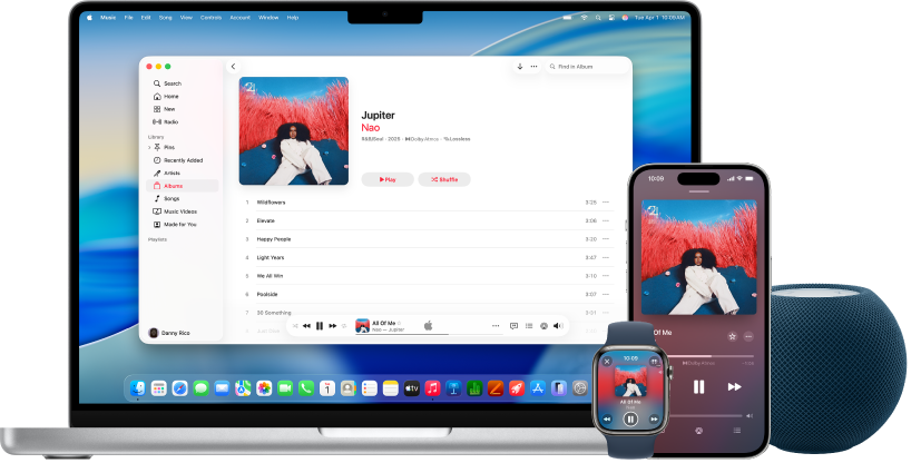 A song playing on a Mac, iPhone, and Apple Watch, with a HomePod.