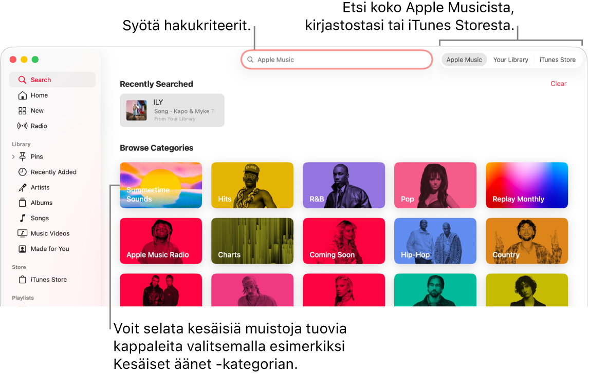 Applen Musiikki-apin ikkuna, jossa näkyy hakukenttiä, kategorialuettelo keskellä sekä Apple Music, Oma kirjasto ja iTunes Store oikeassa yläkulmassa. Syötä hakukriteerit hakukenttään ja valitse sitten, etsitäänkö koko Apple Musicista, vain kirjastostasi vai iTunes Storesta.