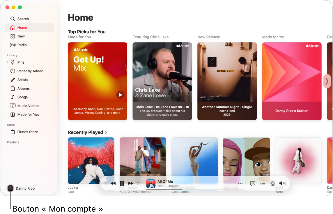 La fenêtre Apple Music montrant l’écran d’accueil. Le bouton « Mon compte » (représenté par une photo ou un monogramme) se trouve dans le coin inférieur gauche de la fenêtre.