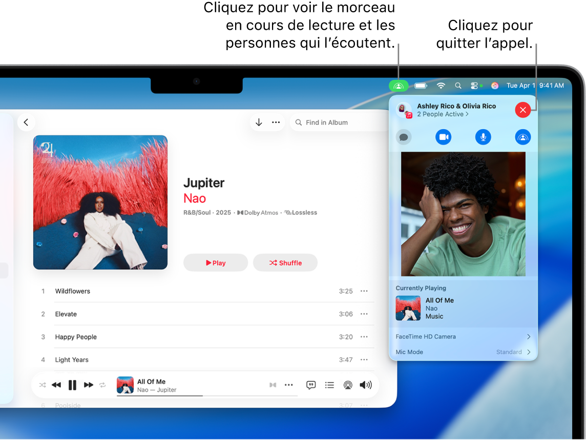 Fenêtre Apple Music avec un morceau en cours de lecture pendant une session SharePlay. La fenêtre de lecture indique le nombre de personnes qui écoutent de la musique simultanément. Sur la droite, l’utilisateur clique sur le bouton SharePlay et vous pouvez voir les personnes qui écoutent de la musique ainsi que le morceau en cours de lecture. À droite, vous pouvez cliquer sur le bouton Fermer.