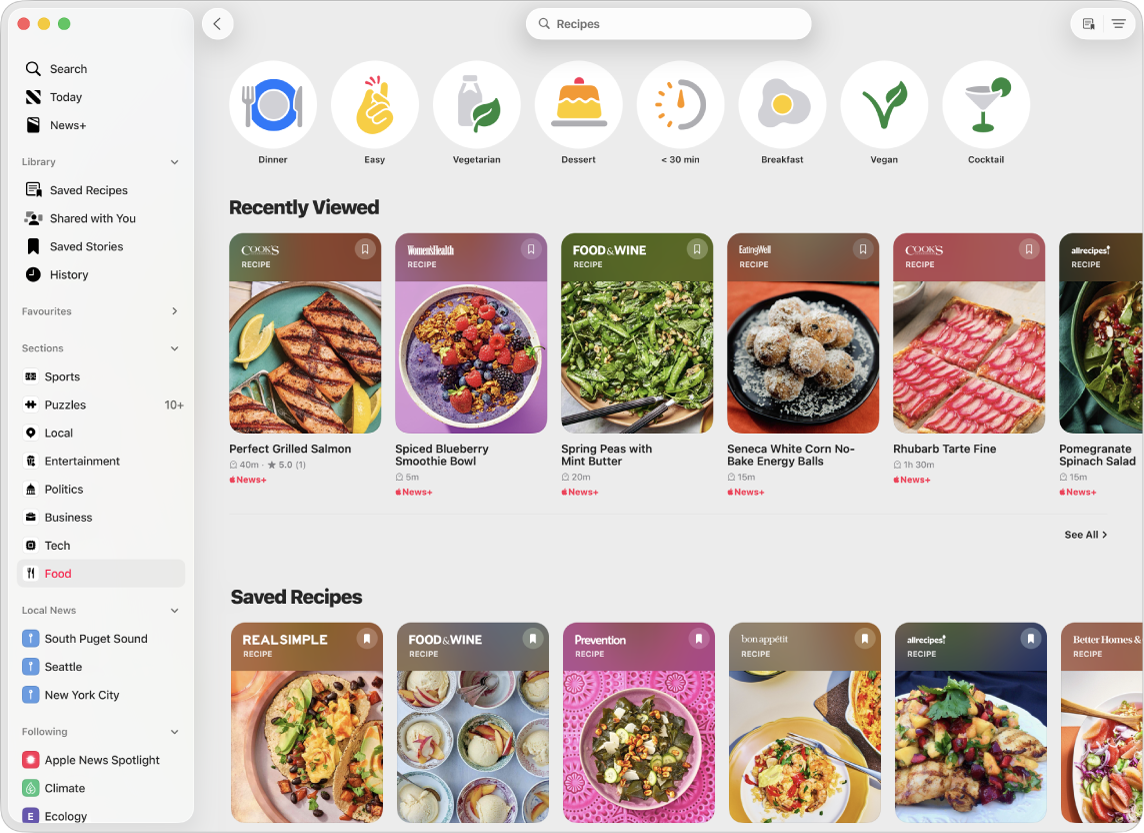 Apple News+ showing the Recipe Catalogue.