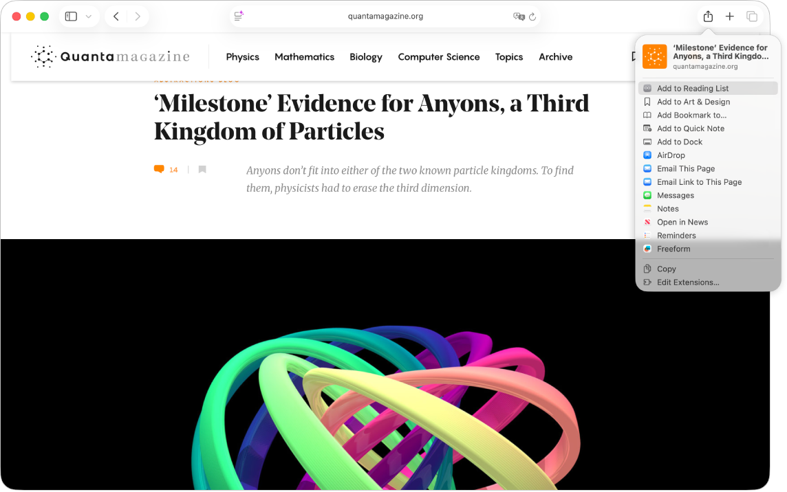 Webpage showing a physics article, with the Share button clicked and Add to Reading List selected.