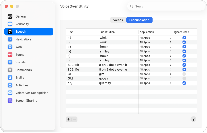 Settings for how VoiceOver should pronounce certain emoticons, numbers, and abbreviations are shown in the Pronunciation pane of the Speech category in VoiceOver Utility.