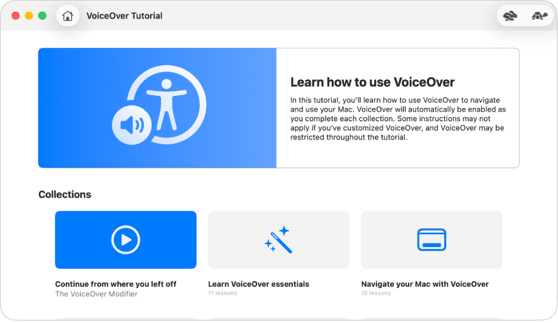 Le tutoriel interactif VoiceOver, avec des informations à propos de l’apprentissage de VoiceOver.