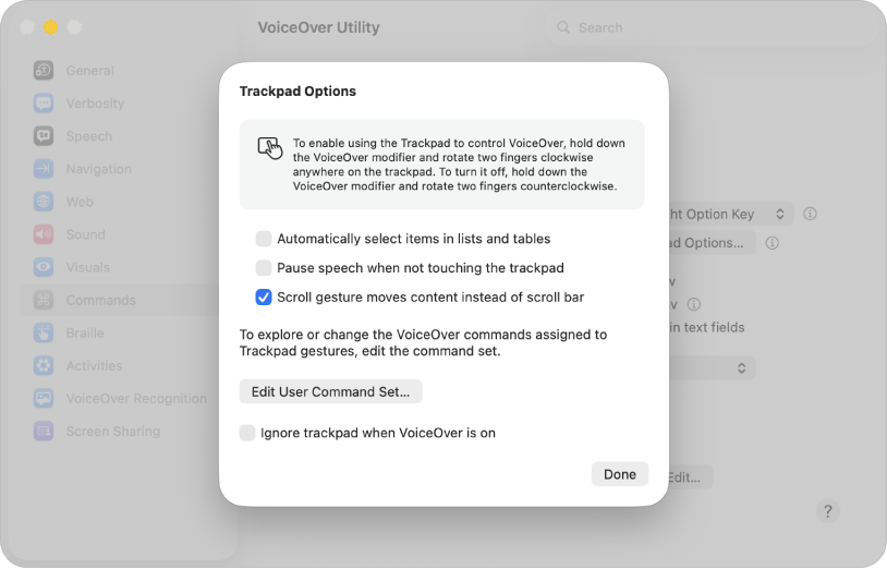 Dialog Utilitas VoiceOver yang menampilkan pengaturan untuk menggunakan trackpad untuk mengontrol VoiceOver.