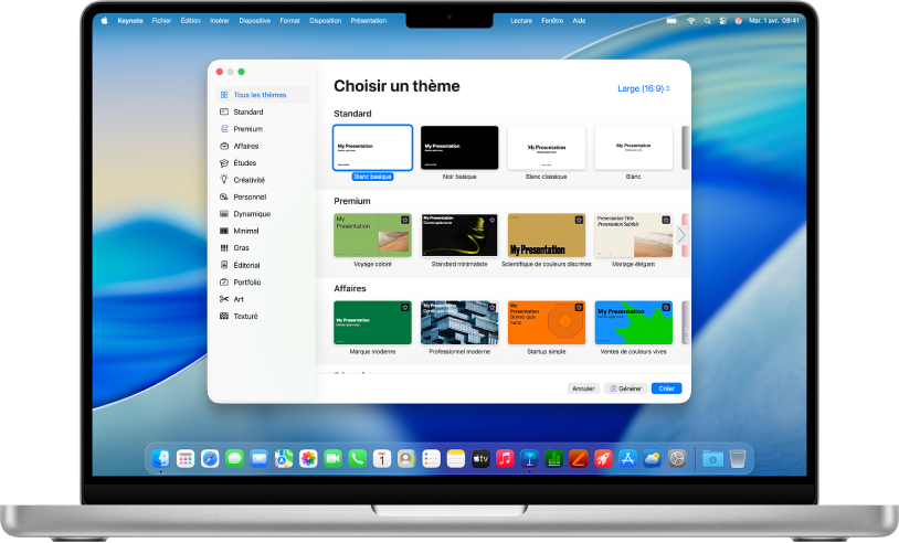 Un MacBook Pro avec la liste de thèmes Keynote ouverte à l’écran. La catégorie « Tous les thèmes » est sélectionnée à gauche et les thèmes prédéfinis sont affichés à droite en rangs par catégorie. Le menu local « Langue et région » se trouve dans le coin inférieur gauche et le menu local Standard et Large est dans le coin supérieur droit.