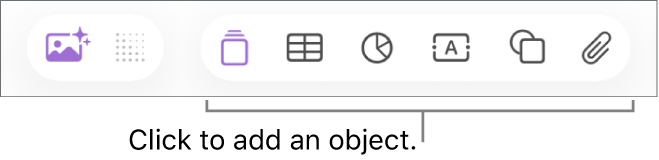 The Numbers window with callouts to the object buttons in the toolbar.
