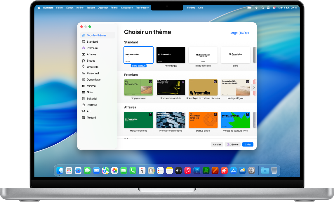 MacBook Pro avec la liste de modèles de Numbers ouverte à l’écran. La catégorie « Tous les modèles » est sélectionnée à gauche et les modèles prédéfinis sont affichés à droite en rangs par catégorie.