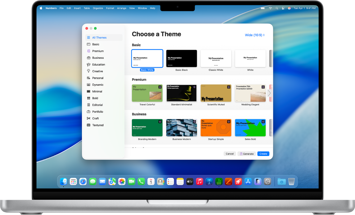 Um MacBook Pro com o seletor de modelos do Numbers aberto no ecrã. A categoria “Todos os modelos” está selecionada à esquerda e os modelos preconcebidos aparecem à direita nas linhas por categoria.