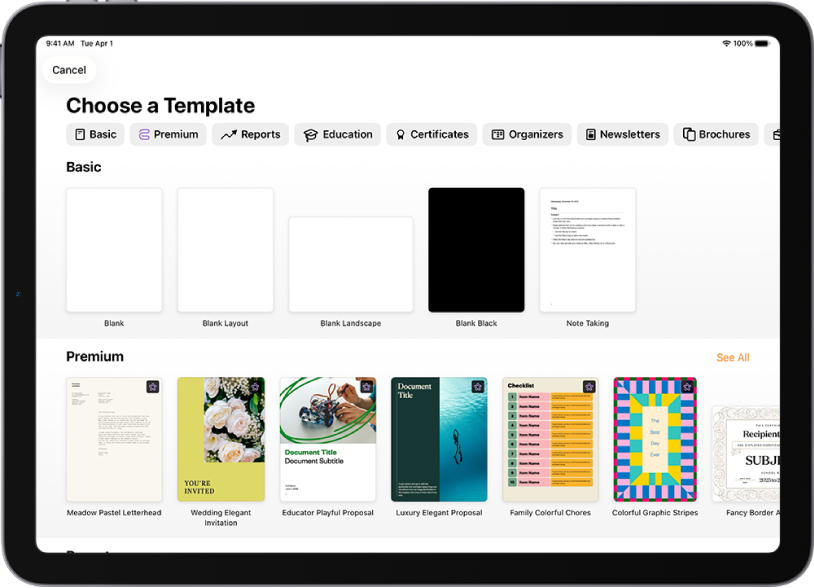 The template chooser, showing a row of categories across the top that you can tap to filter the options. Below are thumbnails of pre-designed templates arranged in rows by category, starting with Recent at the top and followed by Basic and Reports. A See All button appears above and to the right of each category row.