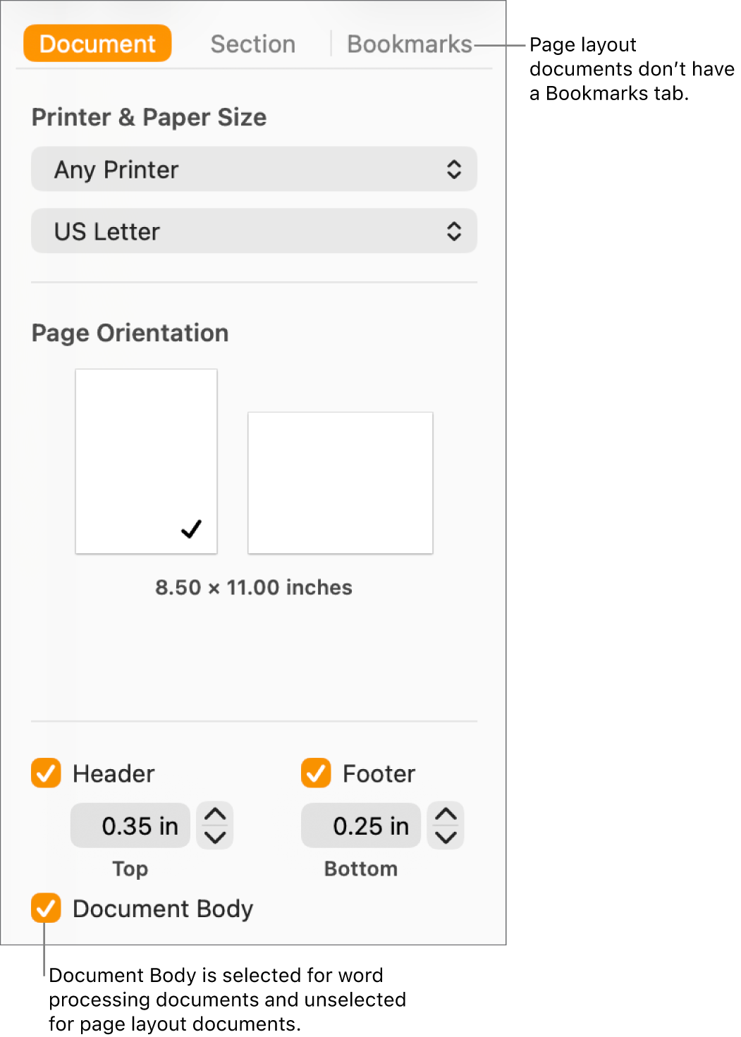 The Format sidebar with the Document, Section and Bookmarks tabs at the top. The Document tab is selected and a callout to the Bookmarks tab says that page layout documents don’t have a Bookmarks tab. The Document Body tickbox is selected, which also indicates that this is a word processing document.