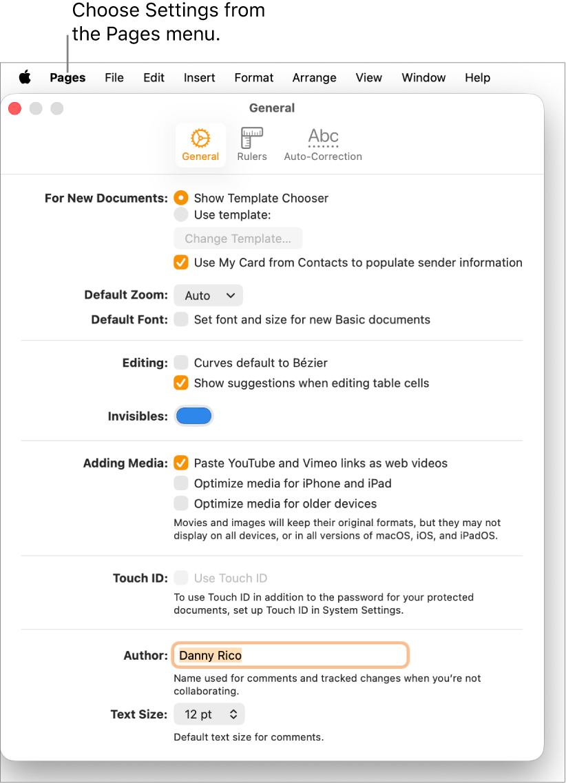 Pages Settings window open to the General pane, with settings for new documents, default zoom and font, editing, equations, invisibles, adding media, Touch ID, author name and default text size.