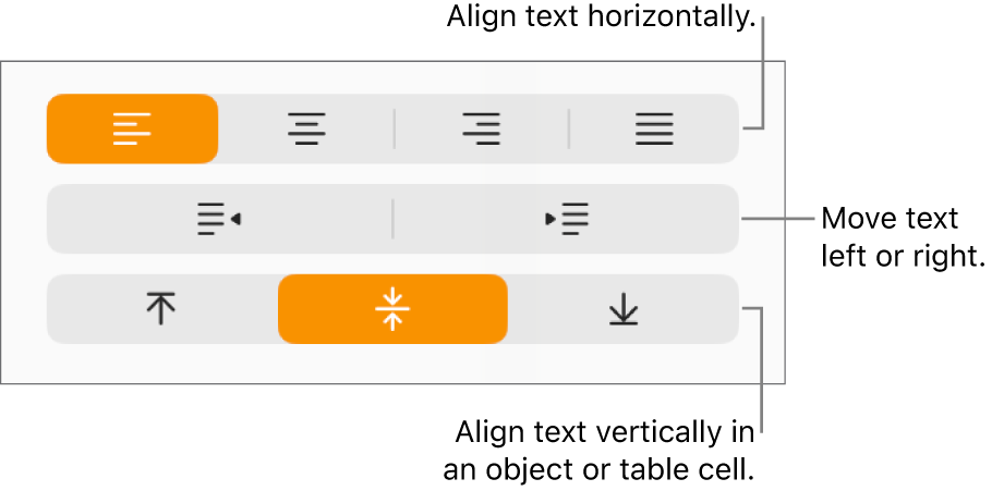 The Alignment section with callouts to the text alignment and spacing buttons.