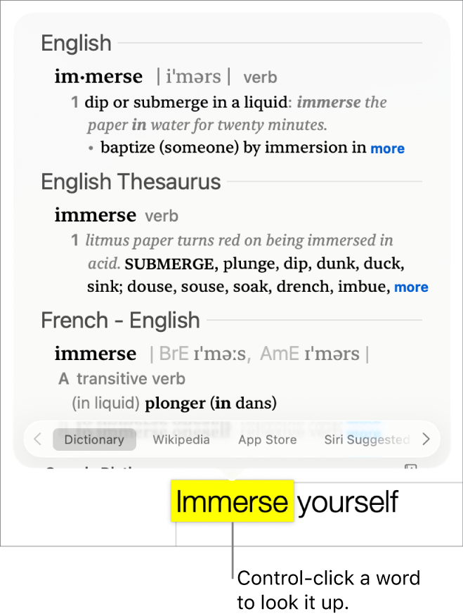 A paragraph with a word highlighted and a window showing its definition and a thesaurus entry. Buttons at the bottom of the window provide links to the dictionary, Wikipedia and Siri-suggested websites.