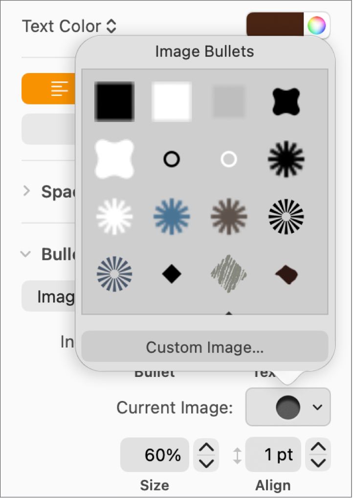 The Image Bullets pop-up menu.