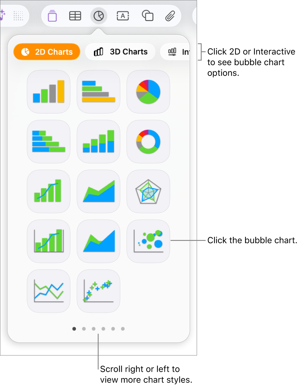 Add chart menu showing interactive charts, calling out a bubble chart option.