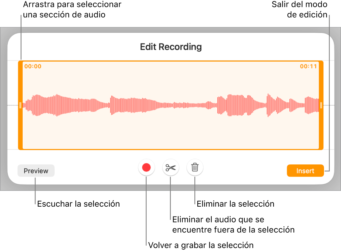 Controles para editar el audio grabado. Los tiradores indican la sección seleccionada de la grabación, y los botones para Previsualizar, Grabar, Acortar, Eliminar y modo de edición se encuentran debajo.