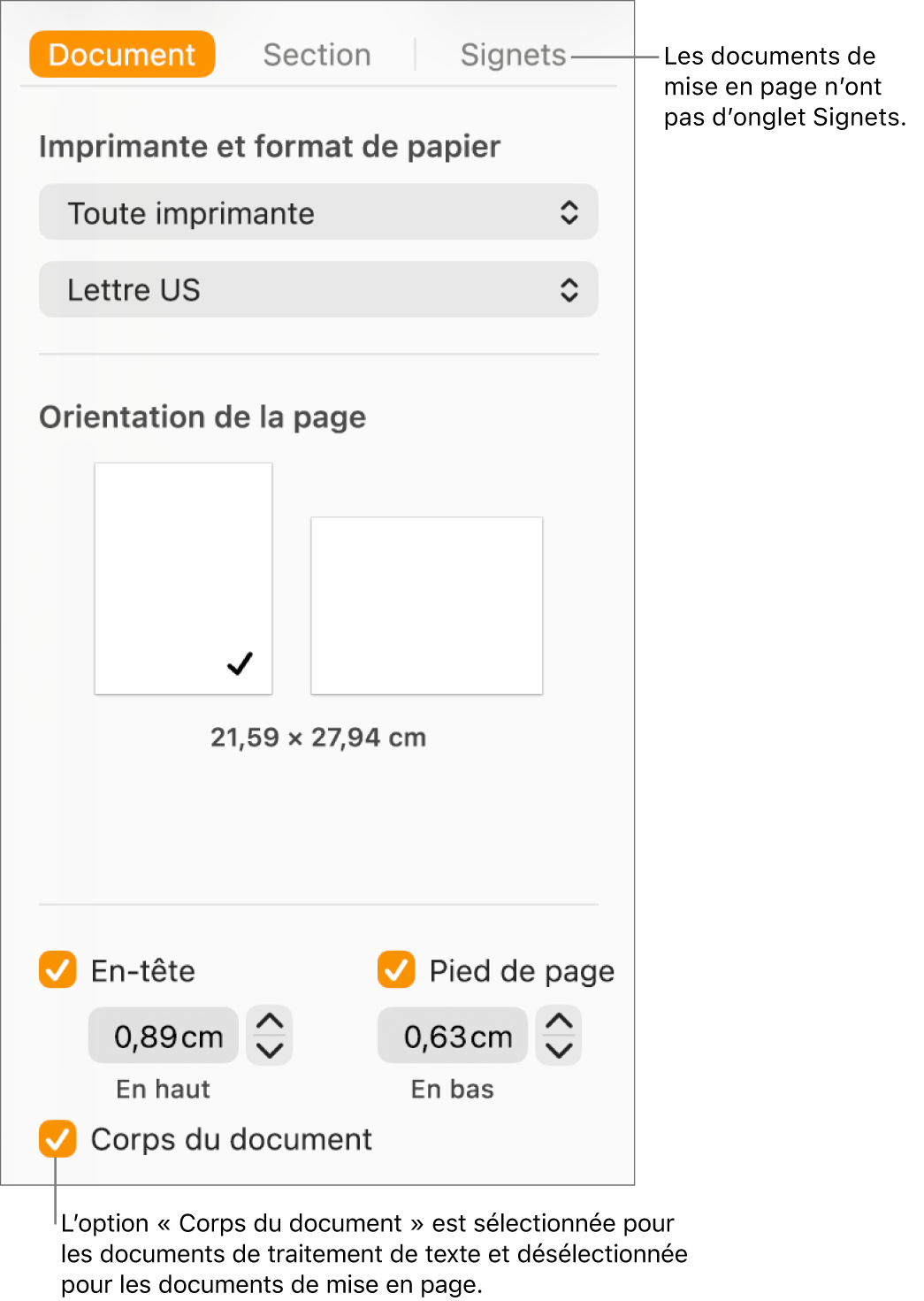 La barre latérale Format avec les onglets Document, Section et Signets en haut. L’onglet Document est sélectionné et une légende concernant l’onglet Signets indique que les documents de mise en page n’ont pas d’onglet Signets. La case « Corps du document » est cochée, ce qui indique également qu’il s’agit d’un document de traitement de texte.