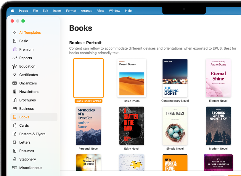 A lista de modelos com "Livros” selecionado na lista de categorias à esquerda e os modelos de livros na orientação vertical à direita.