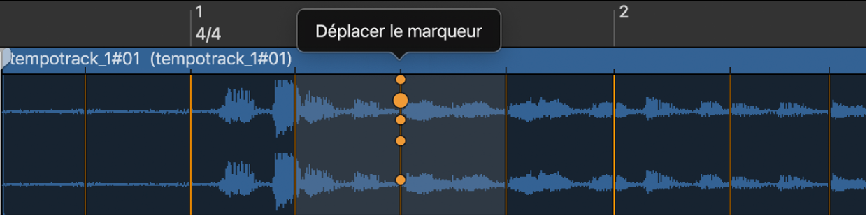 Figure. Éditeur de Smart Tempo affichant des marqueurs de temps avec la poignée « Déplacer le marqueur » sélectionnée.