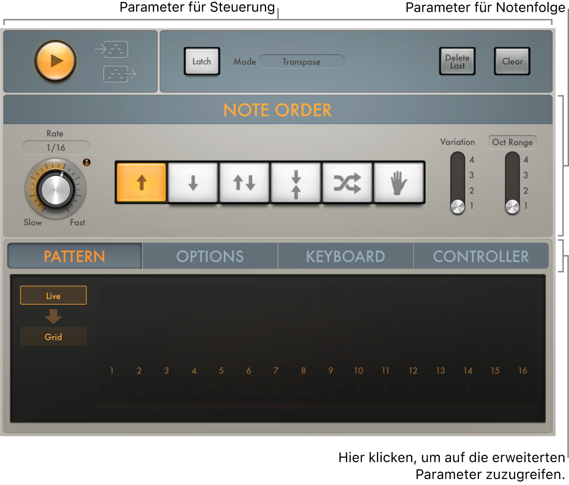 Abbildung. Arpeggiator-Fenster mit Oberflächenbereichen