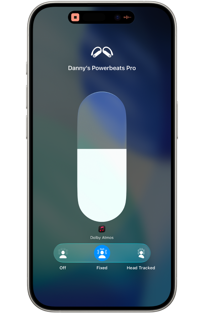 The volume screen in Control Center showing the volume level for Beats Fit Pro and options for Spatial Audio.