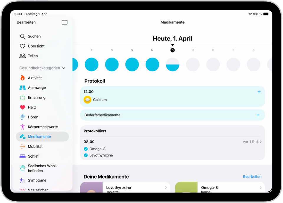 Der Bildschirm „Medikamente“ in der App „Health“ mit dem Datum und einem Protokoll für die Medikamenteneinnahme.