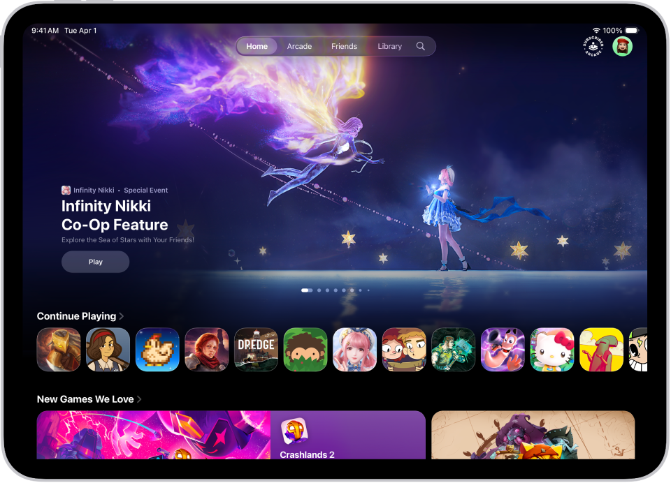 The Apple Games app showing the Home tab, which displays a special event, games to continue playing, and new releases.