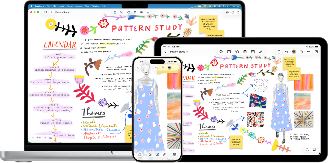 Un Mac, iPad y iPhone con la misma pizarra de Freeform abierta.