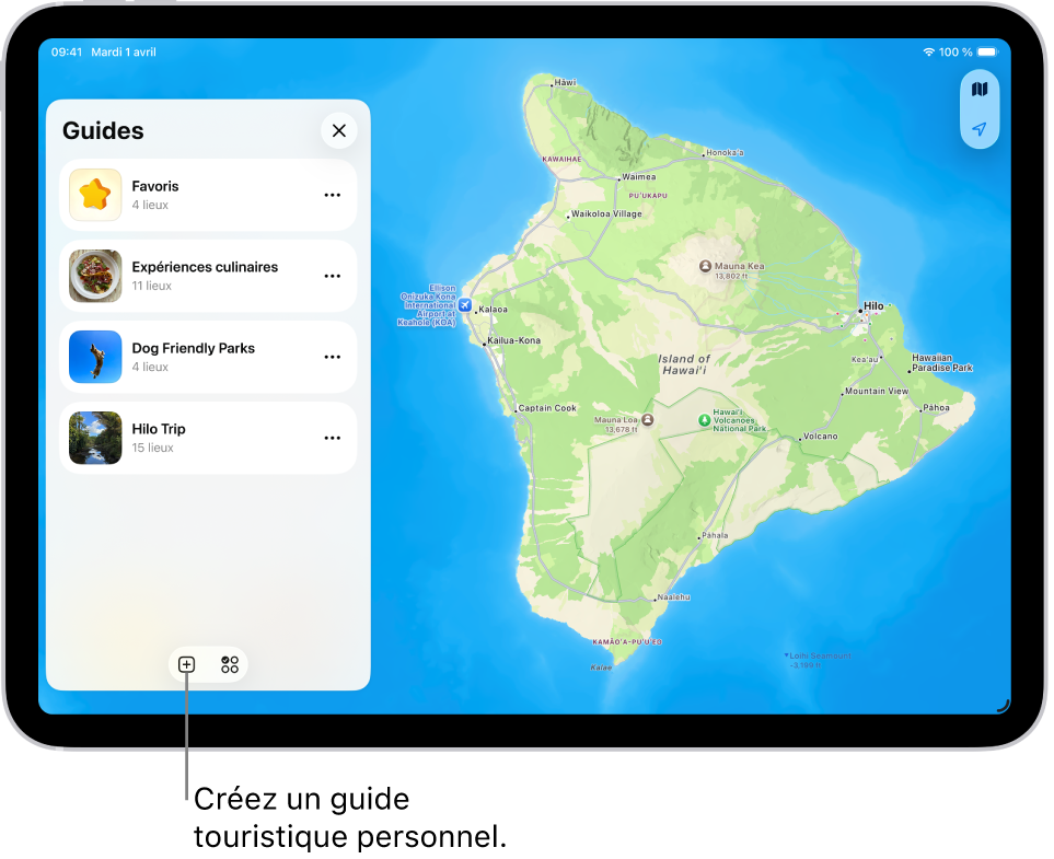 Un guide personnalisé créé dans Plans sur iPad affichant une liste de lieux à gauche et leur position marquée sur le plan à droite.