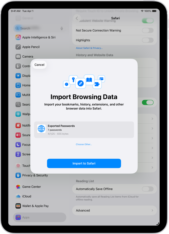 Skrin Import Data Pelayaran menunjukkan fail CSV kata laluan daripada pengurus kata laluan lain untuk diimport.