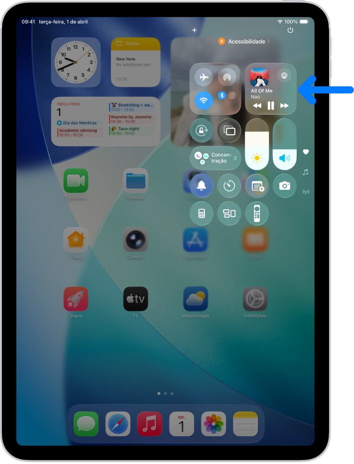 A central do controlo do iPad a mostrar uma seta a apontar para a ficha de áudio onde pode controlar música no ecrã bloqueado ou quando usa outra aplicação.