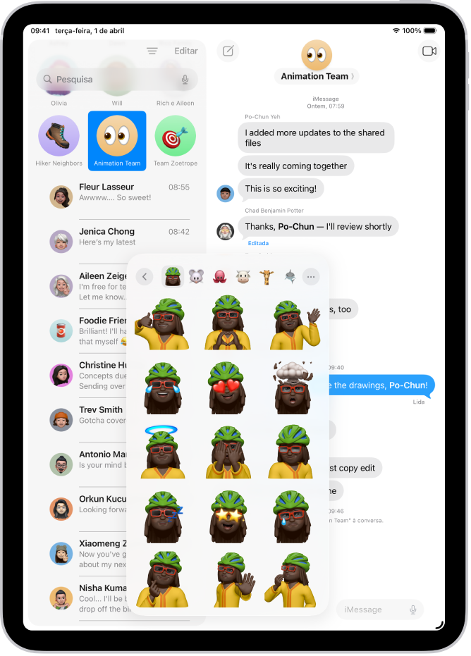 É aberto um menu numa conversa da aplicação Mensagens a mostrar um Memoji em várias poses diferentes.