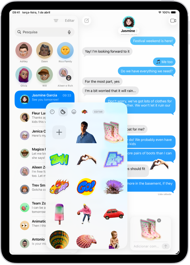 Stickers usados recentemente na aplicação Mensagens. Cada botão ao longo da parte superior do cartão abre um conjunto de stickers.