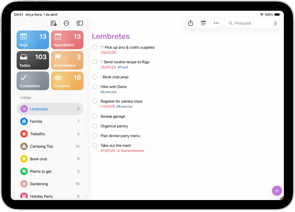 A aplicação Lembretes a mostrar uma nova tarefa a ser adicionada à lista “Lembretes”.