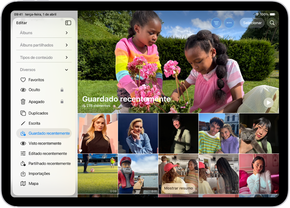 A coleção “Guardado recentemente” está aberta na aplicação Fotografias e mostrar fotografias e vídeos.