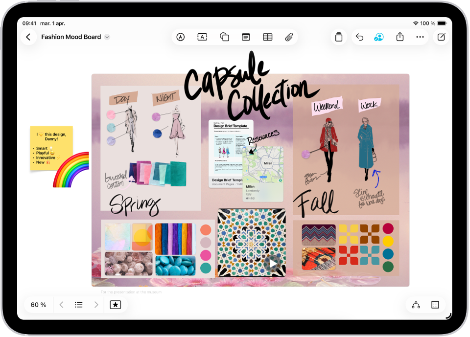 Un iPad cu aplicația Freeform deschisă. Panoul include scriere de mână, text, desene, forme, poze, clipuri video, note adezive, linkuri și alte fișiere.