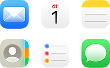 Icones de les apps Mail, Calendari, Notes, Contactes, Recordatoris i Missatges