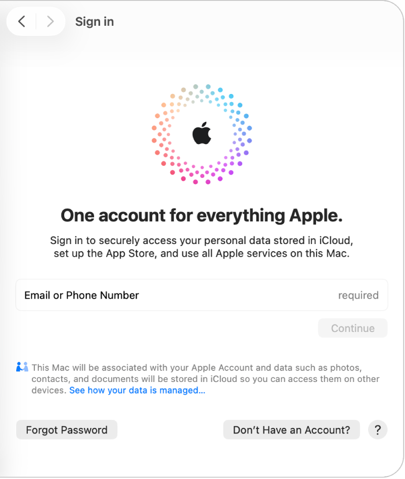 Přihlašovací panel účtu Apple s textovým polem pro zadání e-mailové adresy nebo telefonního čísla a položkou „Nemáte účet?“ tlačítko pro nastavení nového účtu Apple.