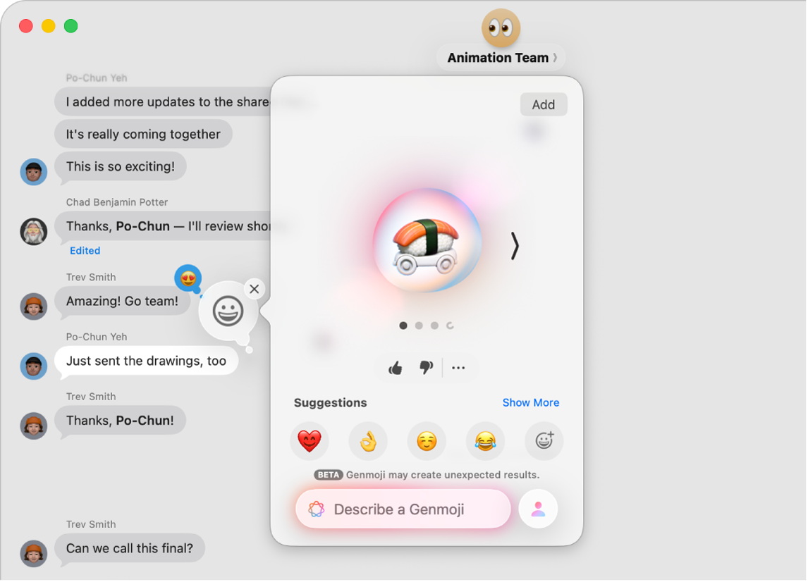 Die App „Nachrichten“ auf dem Mac zeigt die Erstellung eines Genmojis, das in einer Konversation verwendet werden soll.