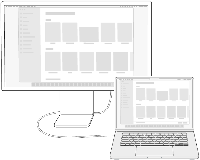 Ein mit einem MacBook Air verbundenes Display, bei dem der Schreibtisch auf beiden Bildschirmen synchronisiert ist.