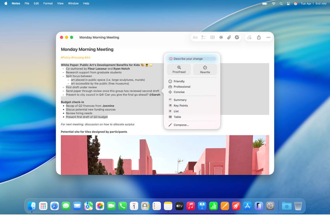 The Notes app on Mac showing a note with some text selected and the Writing Tools dialogue open. The Writing Tools dialogue has a Describe your change field at the top and below that are options to proofread, rewrite, change the tone of writing, and summarise or reorganise text.