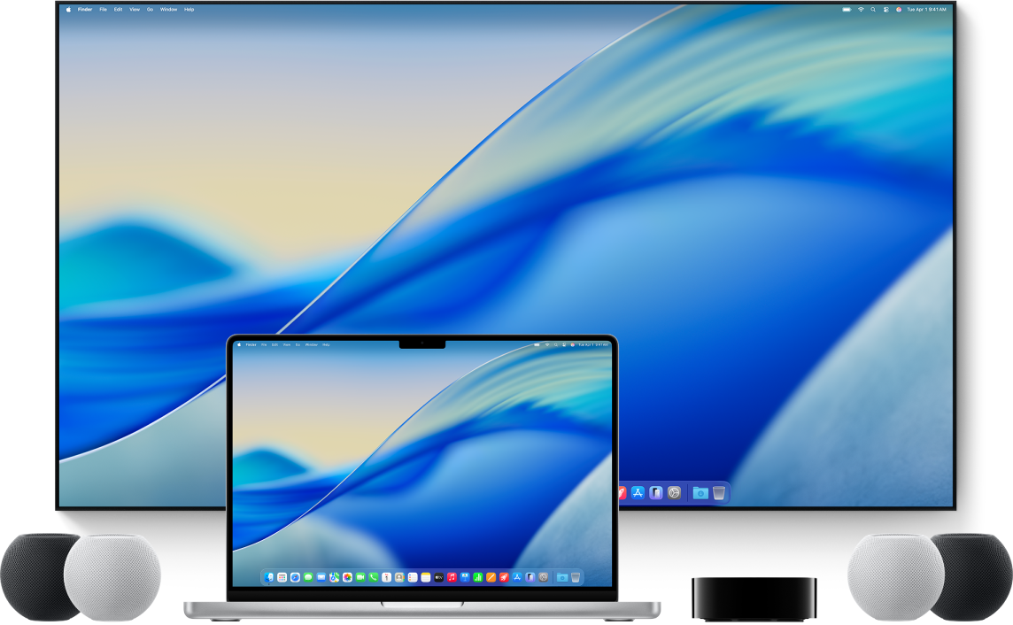 A Mac computer and devices that it can stream content to using AirPlay — for example, an Apple TV 4K, HomePod mini speakers and a smart TV.