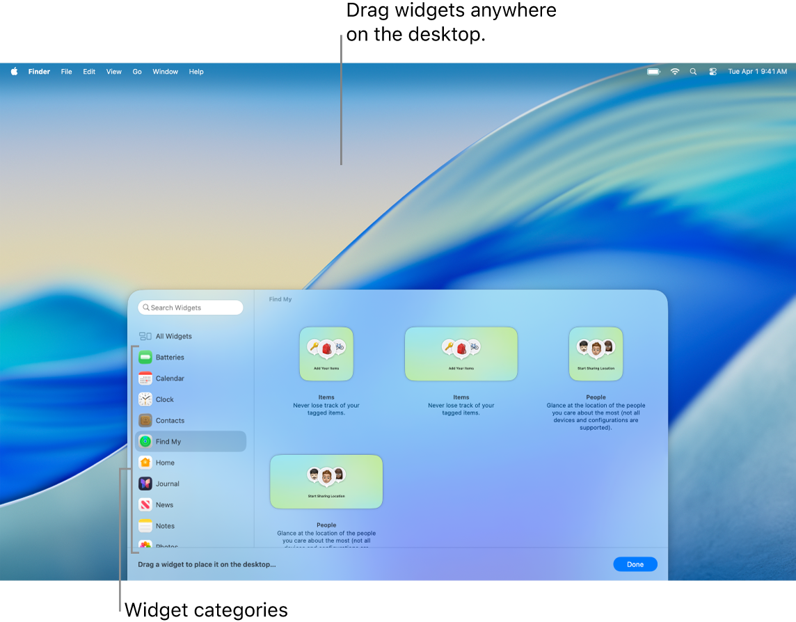 The widget gallery, showing the list of widget categories at the left, and available widgets on the right.