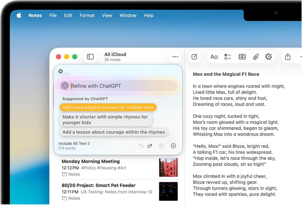 A Notes app window showing a story composed using Writing Tools and the ChatGPT extension. The Refine with ChatGPT dialogue includes options to describe a change, choose ChatGPT suggestions, undo, rewrite and add a photo or document.