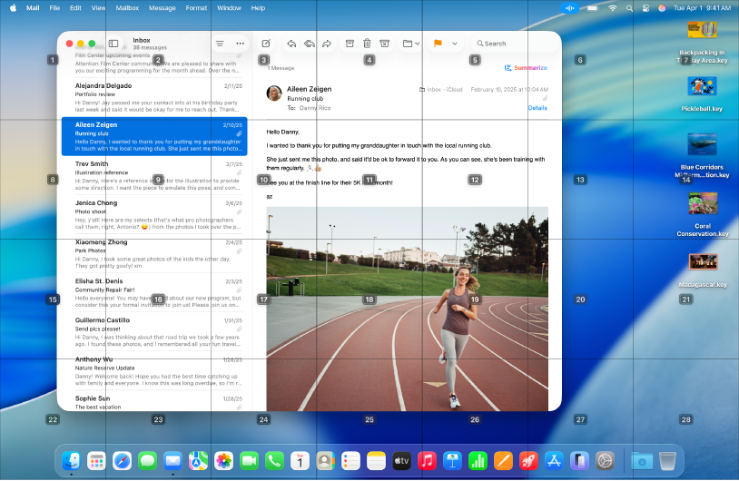 The Mail app open on the Mac desktop, with a grid superimposed over it. Each cell in the grid is labelled with a number.