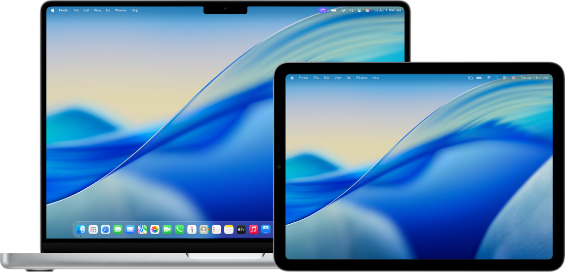 A MacBook Air and an iPad sitting side by side. Both screens show the Mac desktop. The Mac has a purple Screen Mirroring icon in the menu bar, and the iPad has a white screen mirroring icon in its menu bar.