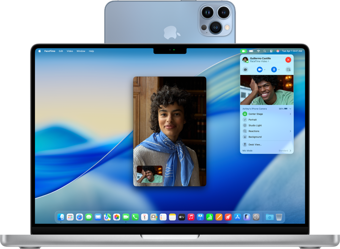 A MacBook Pro using an iPhone as a webcam and showing a FaceTime call.