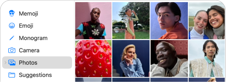 The Apple Account picture options with Photos selected in the sidebar and various photos shown.