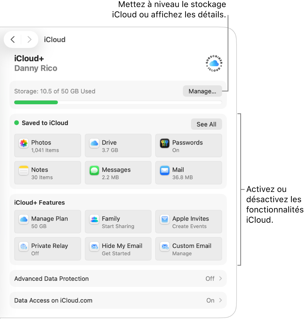 Réglages iCloud pour les fonctionnalités les plus couramment utilisées.
